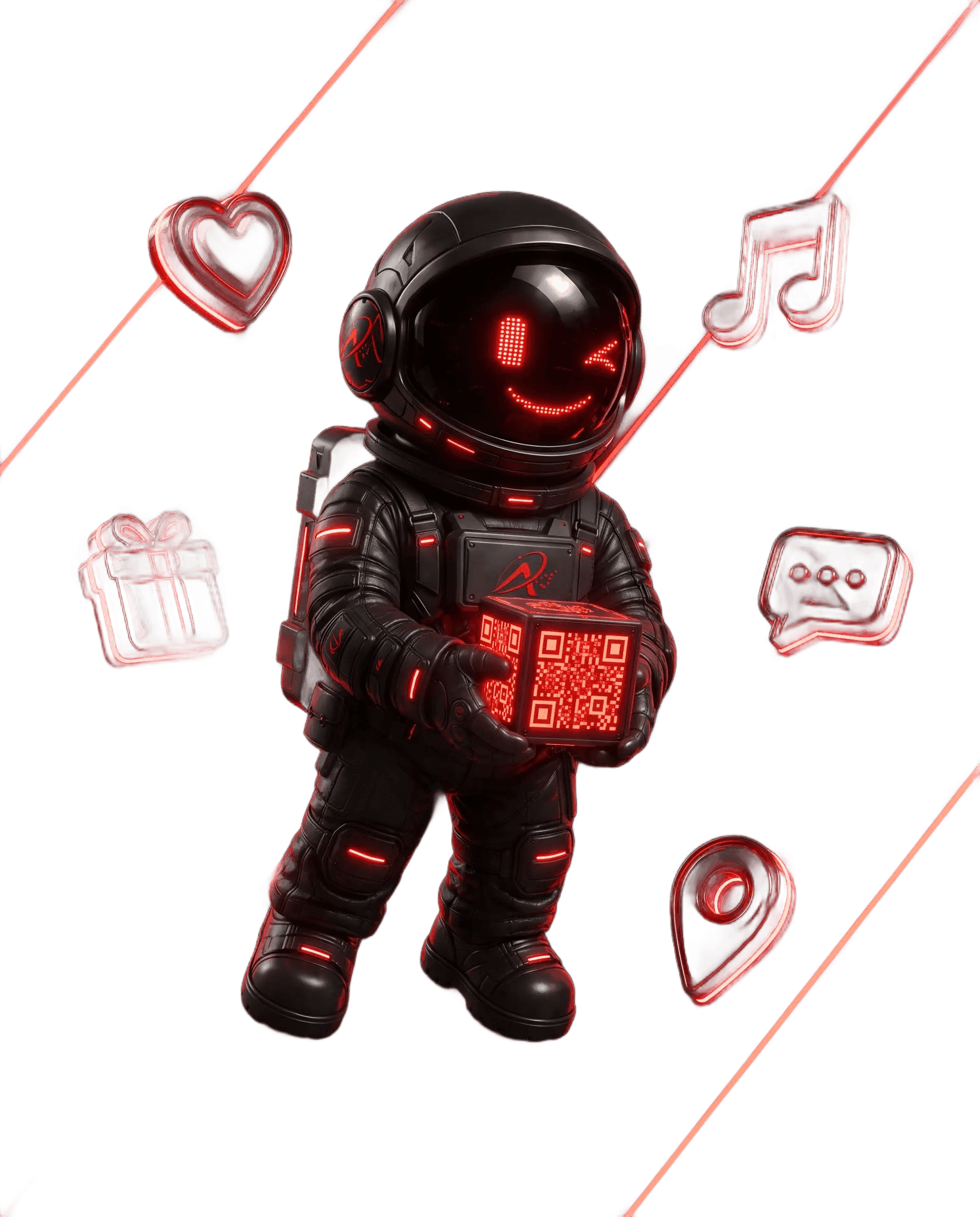 Mascote Astropix flutuando com QR PIX, cercado de ícones de doação, chat, música e mapa